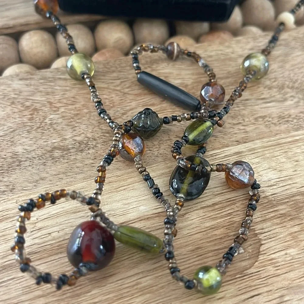 Beaded long necklace glass brown green tan  boho casual